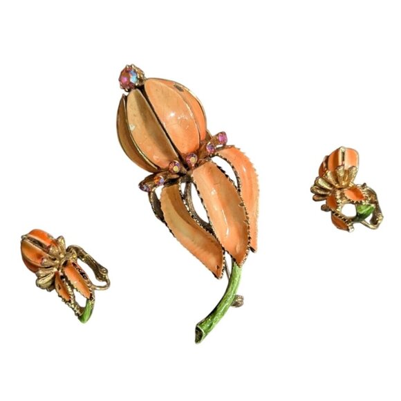 Lisner Floral Brooch Clip On Earrings Set Orange Enamel Rhinestones Retro vtg - Picture 5 of 8
